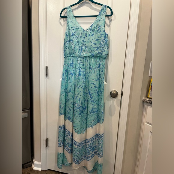 Vineyard Vines Palm Leaf Scarf Print Silk Maxi Dress Size 4 Turquoise Aqua Blue - Picture 5 of 11